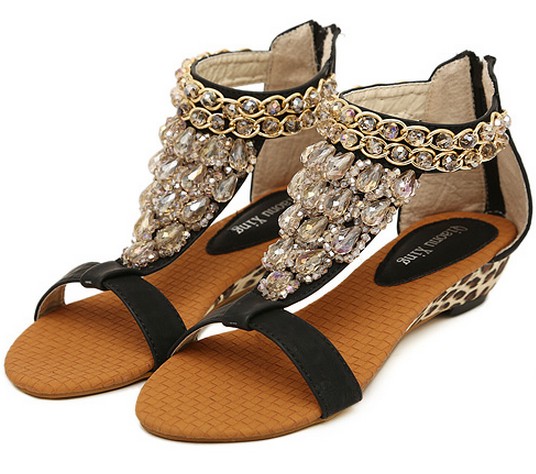 Roman Style Leopard Wedge Dazzling Drill Metal Embellished Sandals on ...